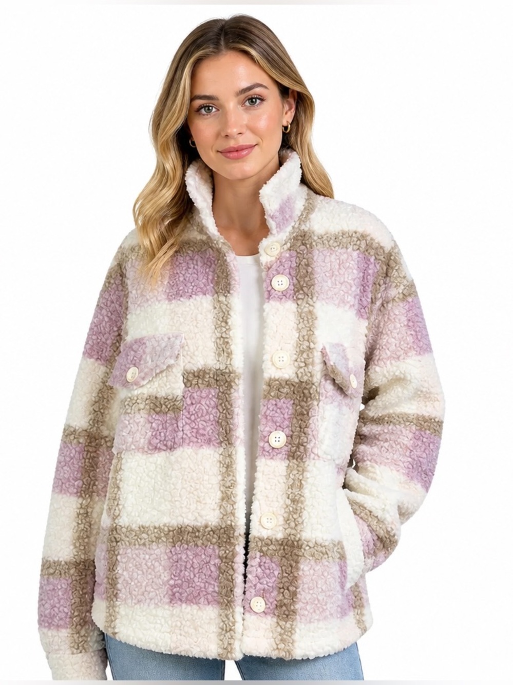 Mable Women's Sherpa Jacket Beige Pink & Brown Size M - Picture 14 of 14